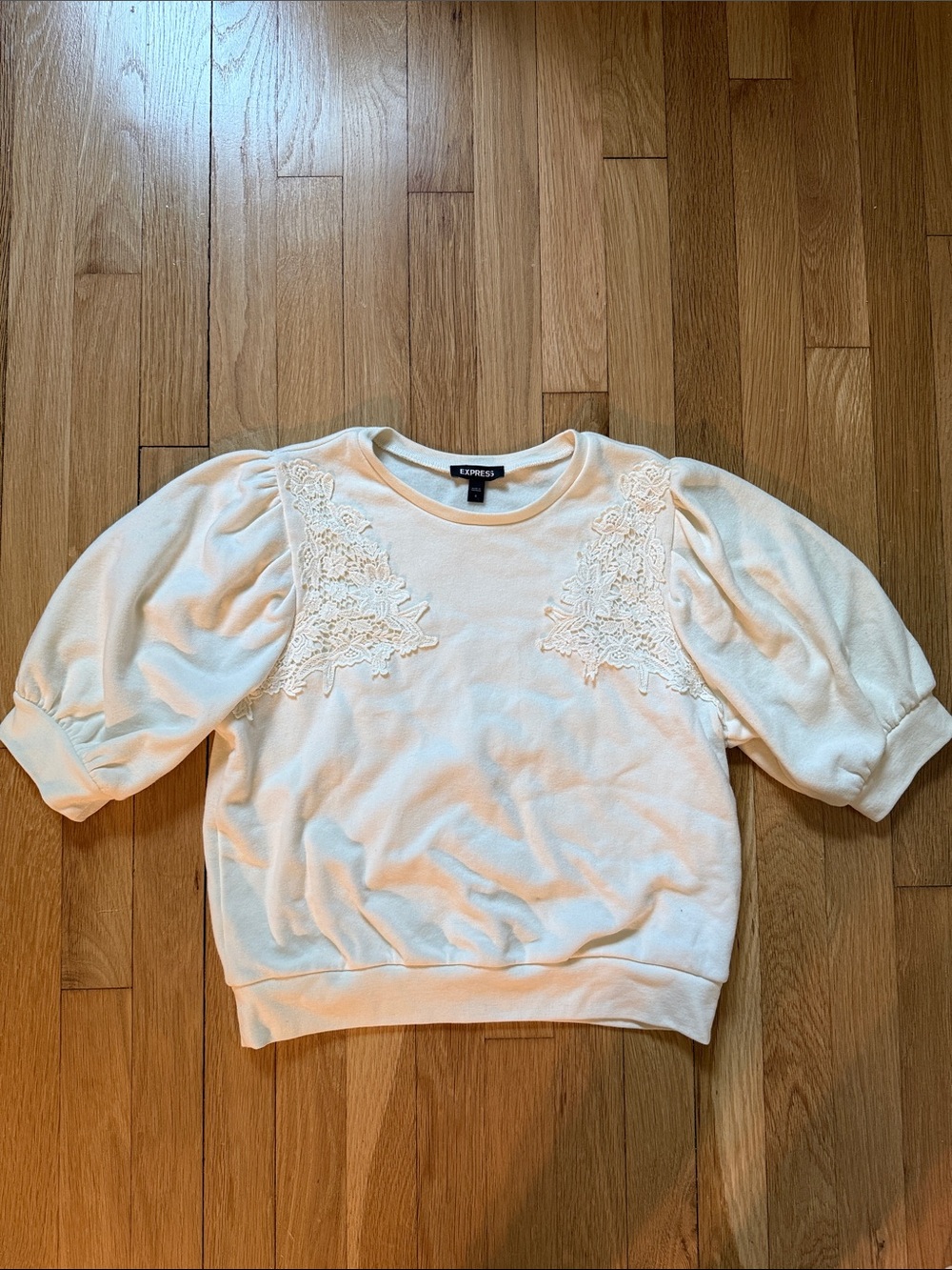 Express Cream Lace-Appliqué Puff Sleeve Sweatshirt